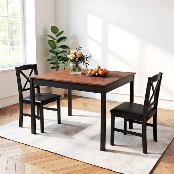Demi Bonn 3-Piece Wooden Square Kitchen Table Set for 2 People, Compact Dining Set for Small Apartment Breakfast Nook, Sturdy Frame & Comfortable Chairs, Brown