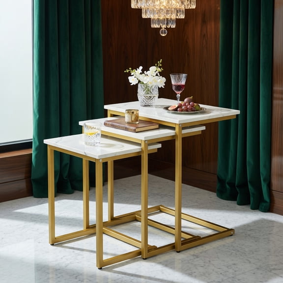 Demi Bonn 3 Pieces Multifunctional Coffee End Table Set, Stackable C-Shaped Side Tables for Living Room Bedroom Small Space, Sturdy MDF & Steel Frame, White