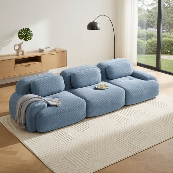 Demi Bonn 3-Seat Premium Modular Sofa, Corduroy Fabric, Multi-Combination Design, Curved Armrests, Ergonomic Support, Anti-Slip & No Assembly, High-Resilience Sponge, for Living Room Bedroom, Blue