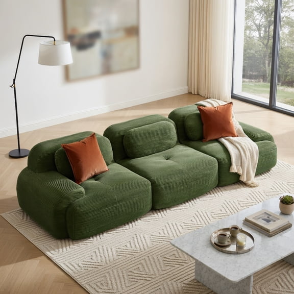 Demi Bonn 3-Seat Premium Modular Sofa, Corduroy Fabric, Multi-Combination Design, Curved Armrests, Ergonomic Support, Anti-Slip & No Assembly, High-Resilience Sponge, for Living Room Bedroom, Green