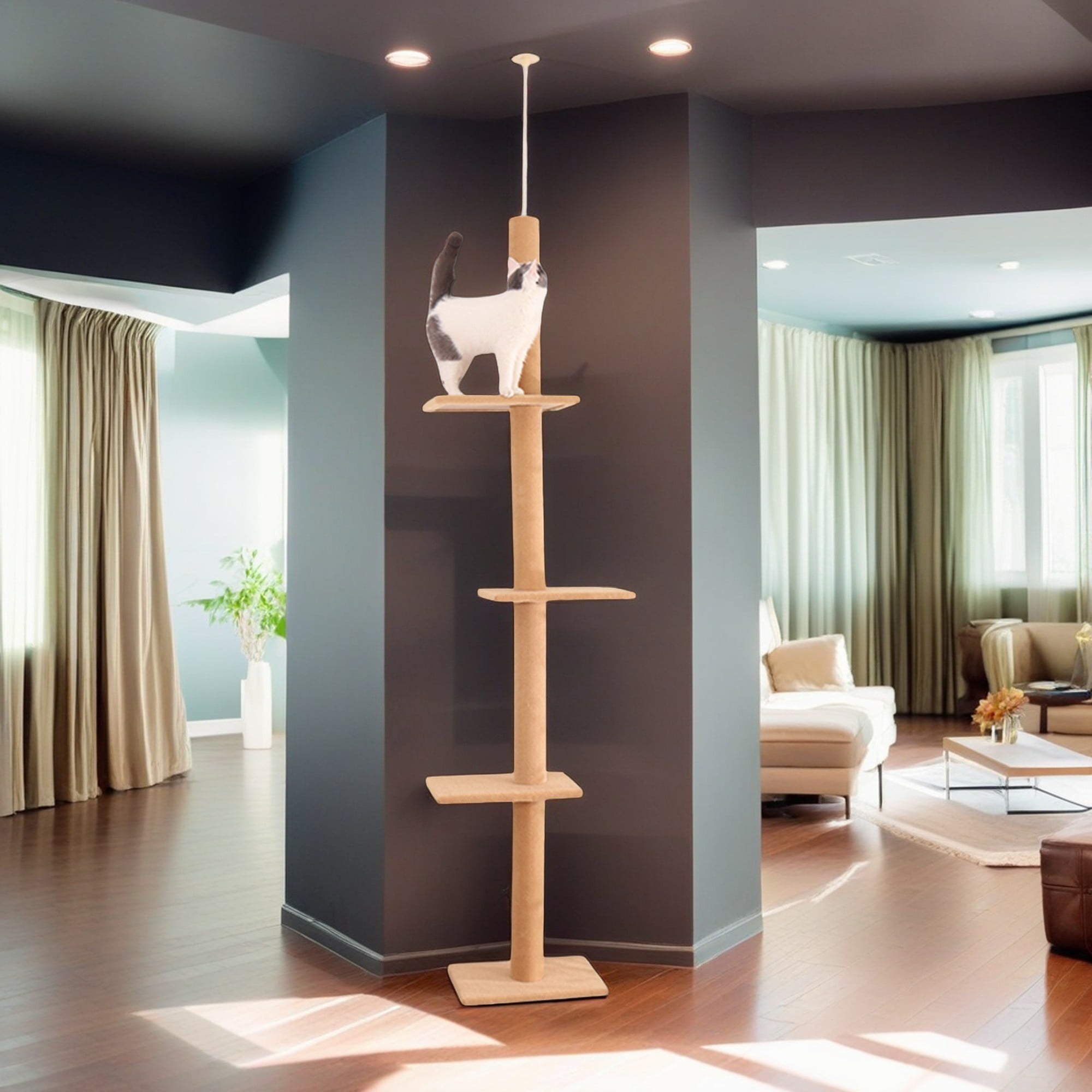 Kadyn 3-Tier Cat Tree Tower for Indoor Cats, Floor-to-Ceiling Cat Climbing Tree Modern Cat Tower 9 Feet (Adjustable 90"-108" Tall), Beige