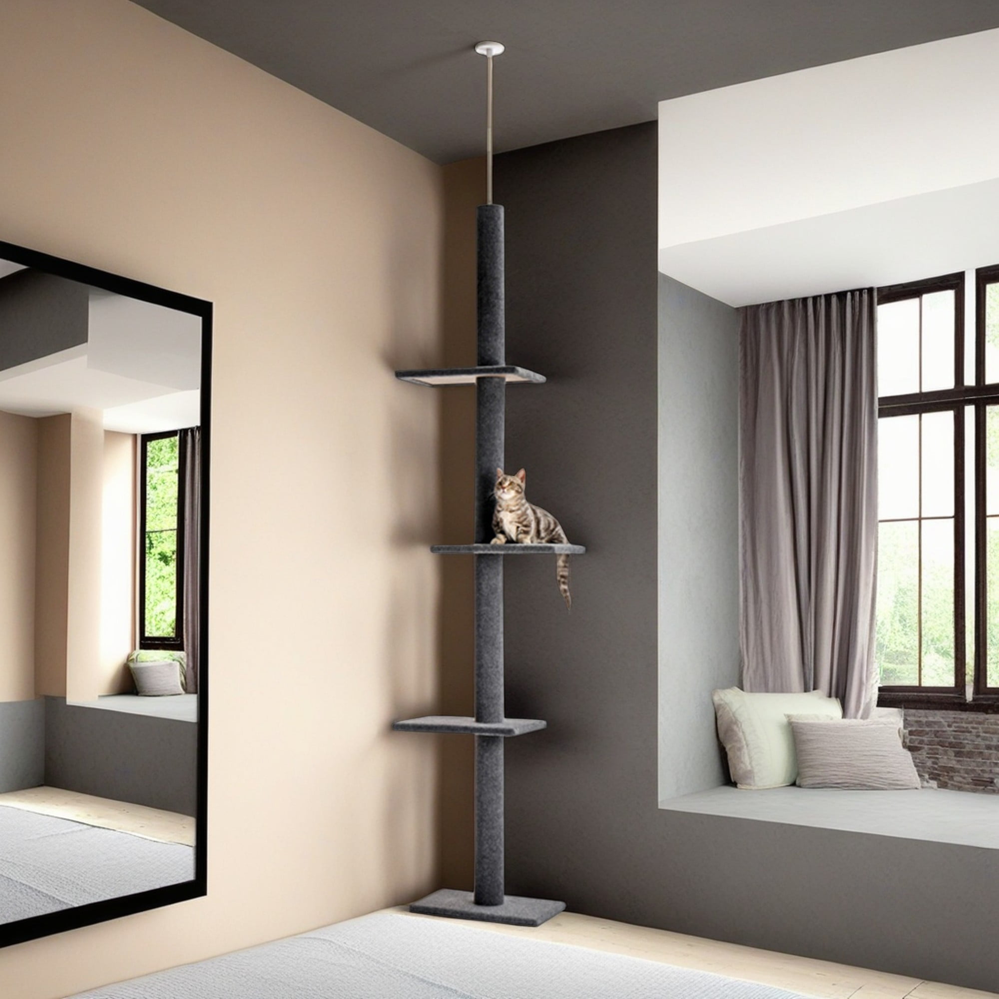 Kadyn 3-Tier Cat Tree Tower for Indoor Cats, Floor-to-Ceiling Cat Climbing Tree Modern Cat Tower 9 Feet (Adjustable 90"-108" Tall), Gray
