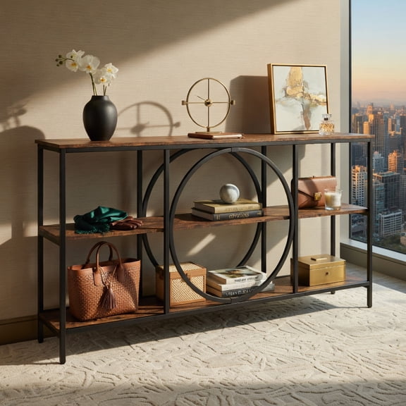 Demi Bonn 3-Tier Console Table, Faux Marble Top & Metal Frame, Anti-Toppling Design, Rustic Brown