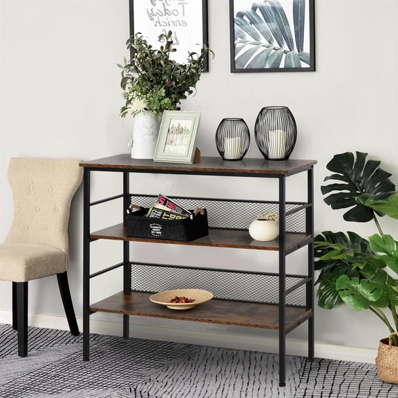 Demi Bonn 3-Tier Console Table Industrial Style Storage Metal Wooden Shelf with a Robust Multi-Functional Design & Adjustable Feet for Living Room, Black