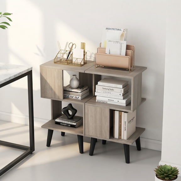 Demi Bonn 3-Tier Geometric Bookshelf Set of 2, Open Storage Display Shelves, Gray