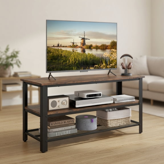 Demi Bonn 3-Tier Industrial TV Stand for TVs up to 50 Inches, Rustic Brown Engineered Wood & Metal Entertainment Console with Adjustable Feet and Mesh Bottom Shelf, Black