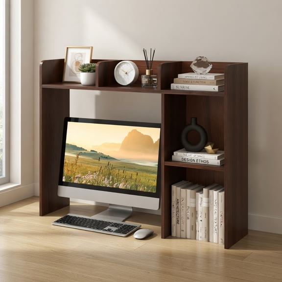 Demi Bonn 3-Tier Multipurpose Desk Bookshelf with 4 Shelves, Monitor Stand & Anti-Tipping Design, Office Storage Solution, Walnut