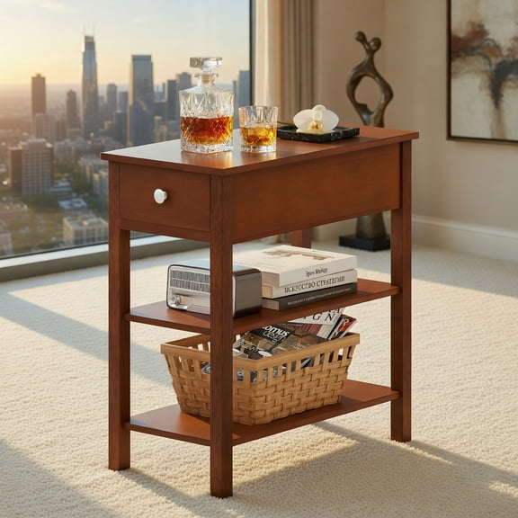 Demi Bonn 3-Tier Narrow End Table, Pull-Out Drawer, Solid Rubber Wood Legs, Brown