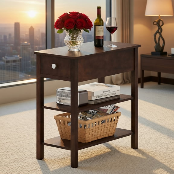 Demi Bonn 3-Tier Narrow End Table, Pull Out Drawer with Solid Wood Storage Shelves, Brown