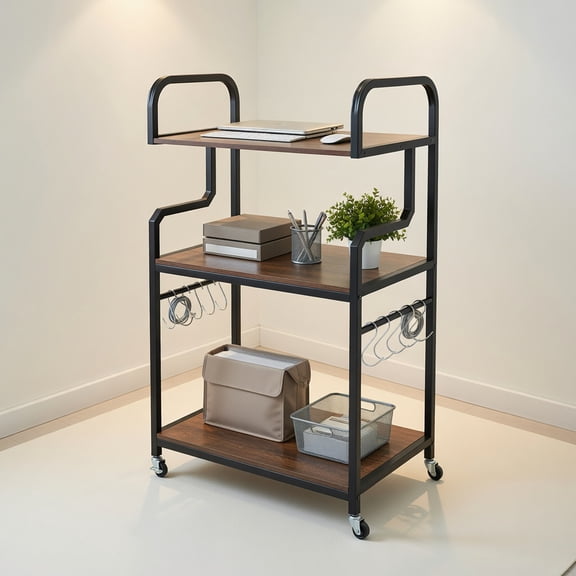 Demi Bonn 3-Tier Rolling Printer Stand with 10 Hooks Anti-Falling Guardrails Heavy Duty Metal Frame Lockable Casters Office Storage Cart, Rustic Brown