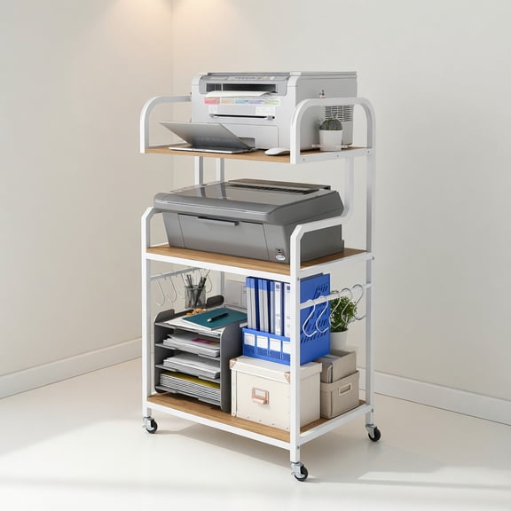 Demi Bonn 3-Tier Rolling Printer Stand with 10 Hooks Anti-Falling Guardrails Heavy Duty Metal Frame Lockable Casters Office Storage Cart, Natural