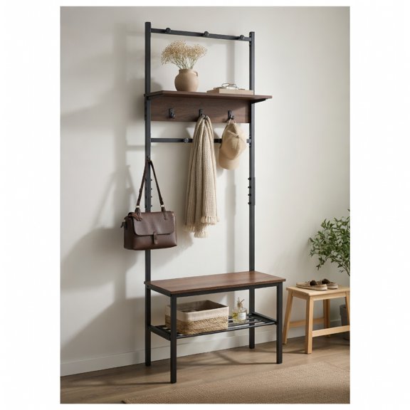 Demi Bonn 3-in-1 Hall Tree Freestanding Entryway Bench Multiple Hooks 220 LBS Capacity Built-In Shoe Storage Strong Metal Frame Industrial Design Easy Assembly, Rustic Brown + Black