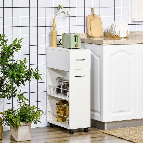 Demi Bonn 3- tier Slim Kitchen Storage Cart, Rolling Narrow Kitchen Cart on Wheels for Small Place, Slide Out Side Utility Cart for Bathroom, Laundry, White