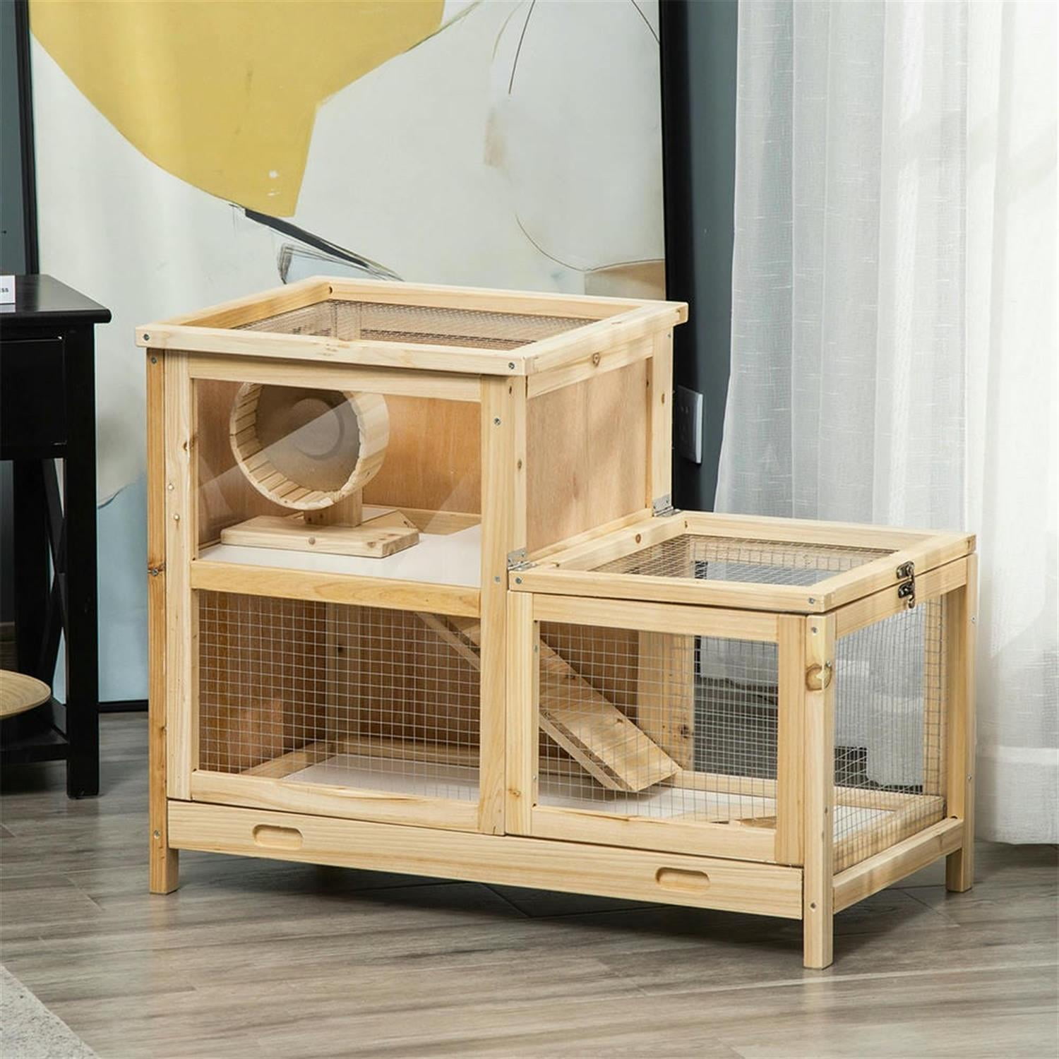 resenkos 30" 2-Tier Wooden Hamster Cage with Seesaw, Tray, Large Small Animal Habitats for Guinea Pig Cages, Beige
