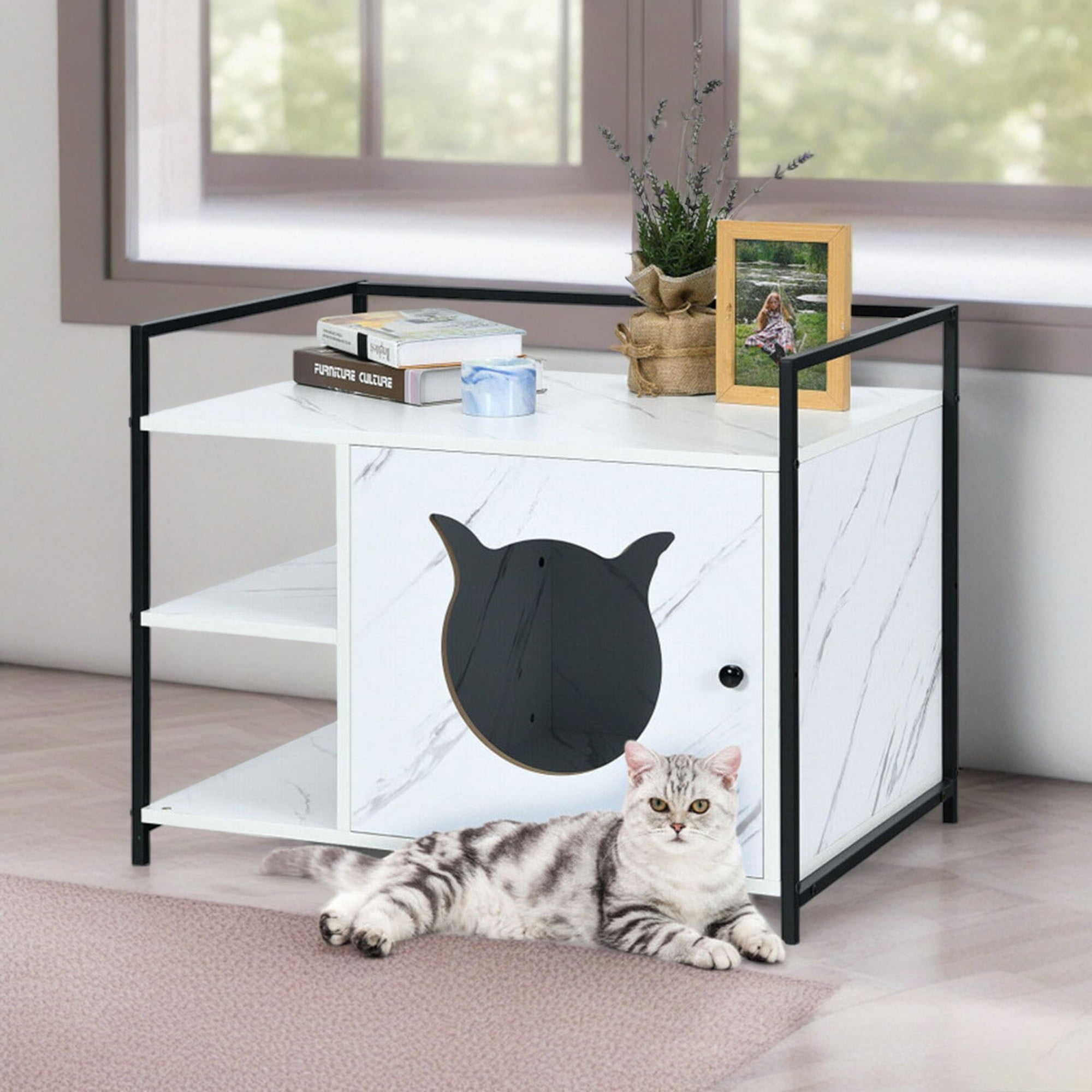 resenkos 30" Cat Litter Box Enclosed Furniture Coffee Table for Cat House, Hidden Litterbox Enclosures Nightstand, White