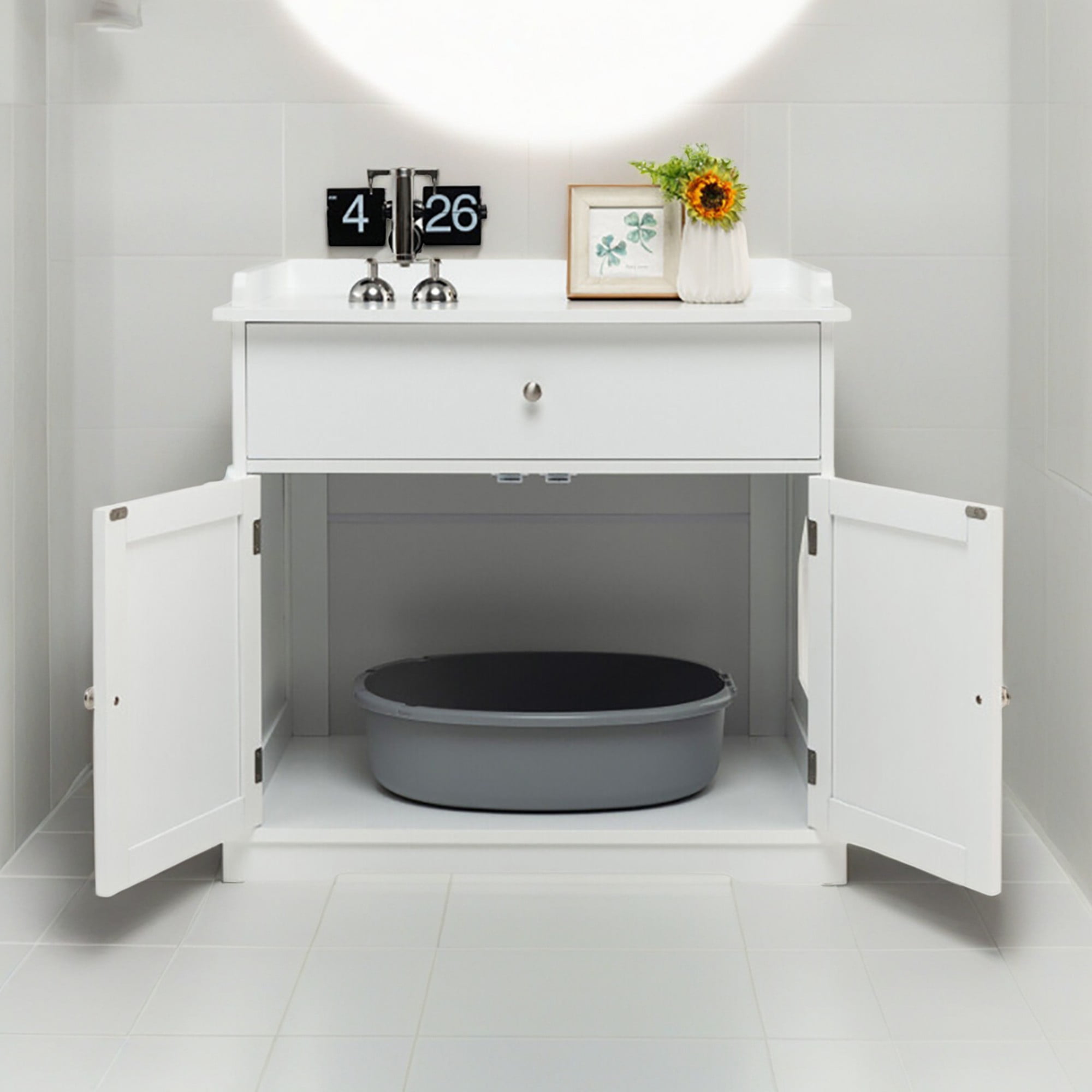 Kadyn 30" Cat Litter Box Furniture with Drawer, Cat Washroom Hidden Litter Box Enclosure, Indoor Wood Cat House Cabinet, White