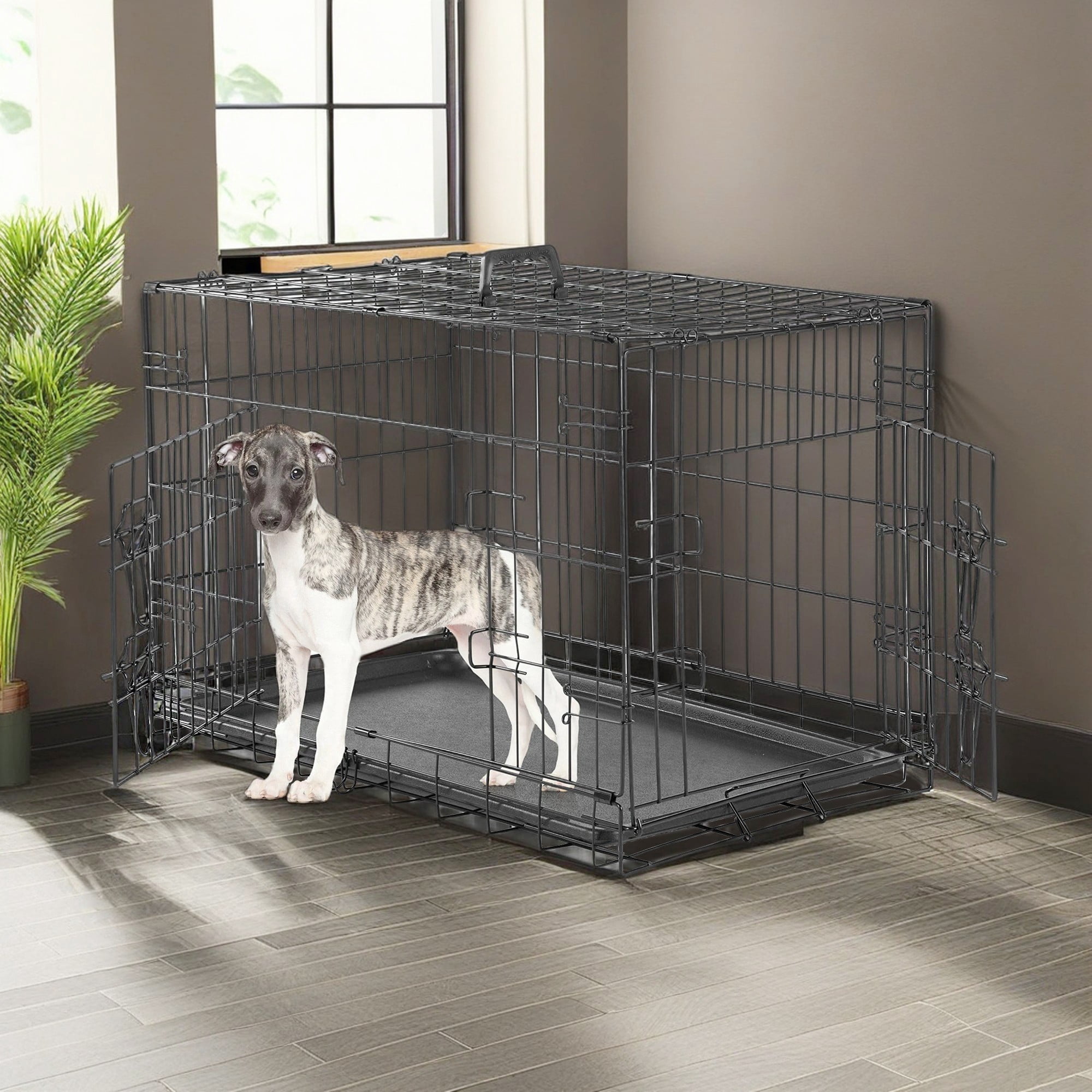 Demi Bonn 30" Durable Dog Crate with Double Doors, Foldable Metal Wire Dog Cage with Tray and Divider Panel, Dog Kennel for Large Dogs, Black