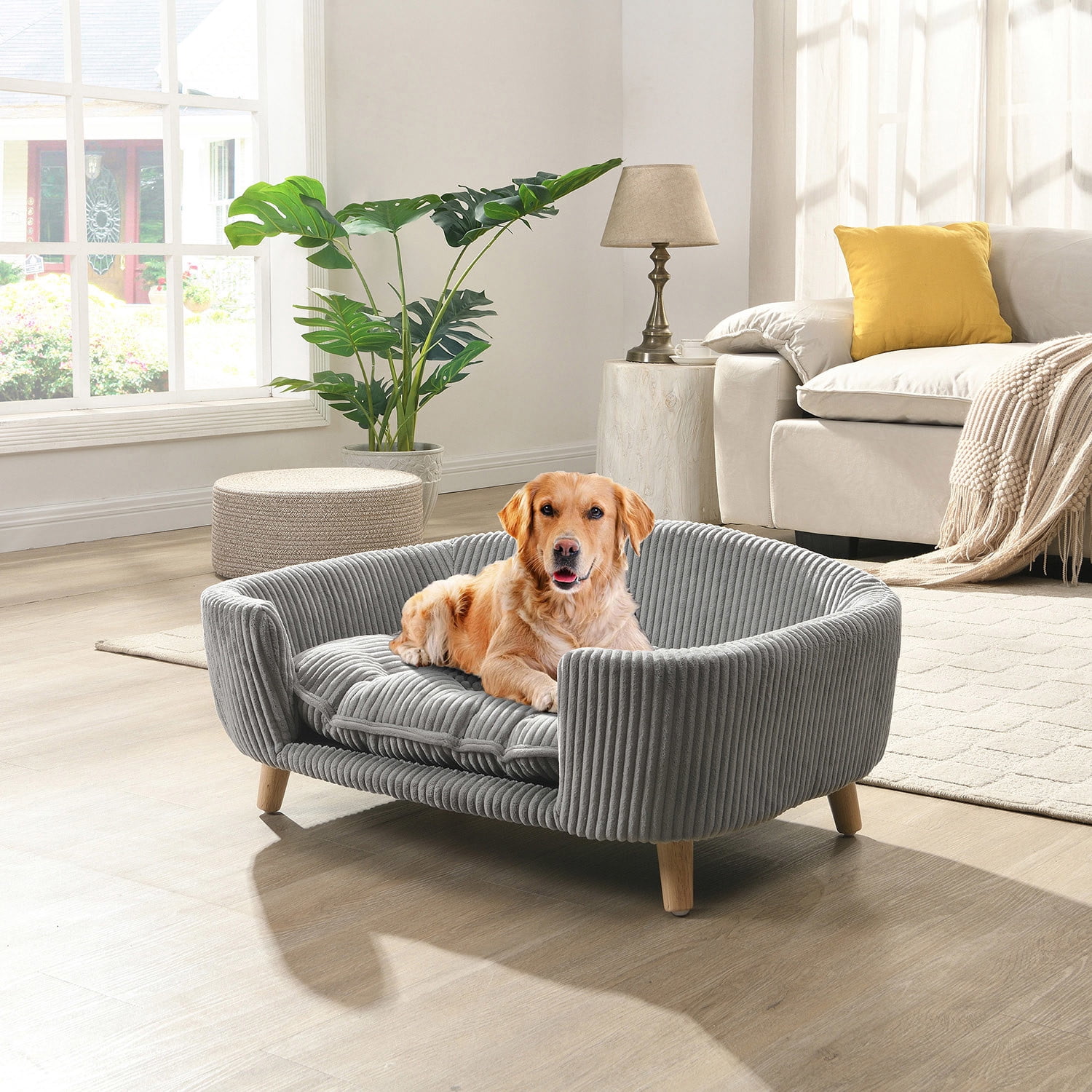 Demi Bonn 30" Elevated Dog Sofa, Corduroy Pet Couch with Rubber Wood Legs and Supportive Foam, Dog Bed Elevated Design, Gray