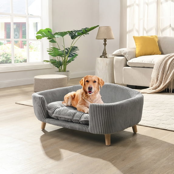 Demi Bonn 30" Elevated Dog Sofa, Corduroy Pet Couch with Rubber Wood Legs and Supportive Foam, Dog Bed Elevated Design, Gray