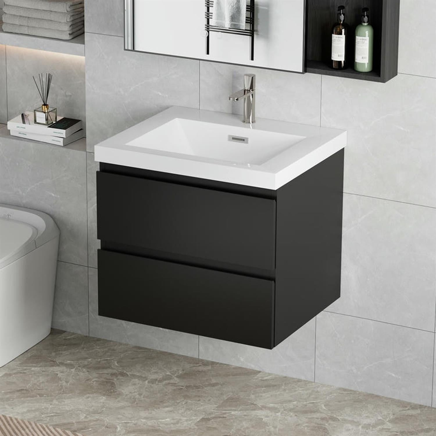 Demi Bonn 30" Floating Bathroom Vanity with Sink, Resin Top Basin and 2 Soft Close Drawers, Faucets and Drains Not Included, Black
