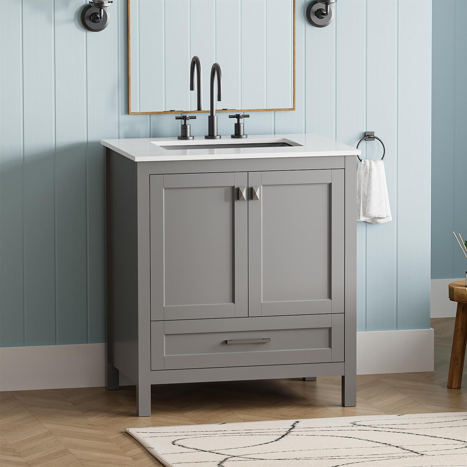 Demi Bonn 30" Freestanding Bathroom Vanity with Sink, Carrara Engineered Marble Vanity Top, Soft-Close Door, Under-mounted Rectangular Ceramic Sink, Gray