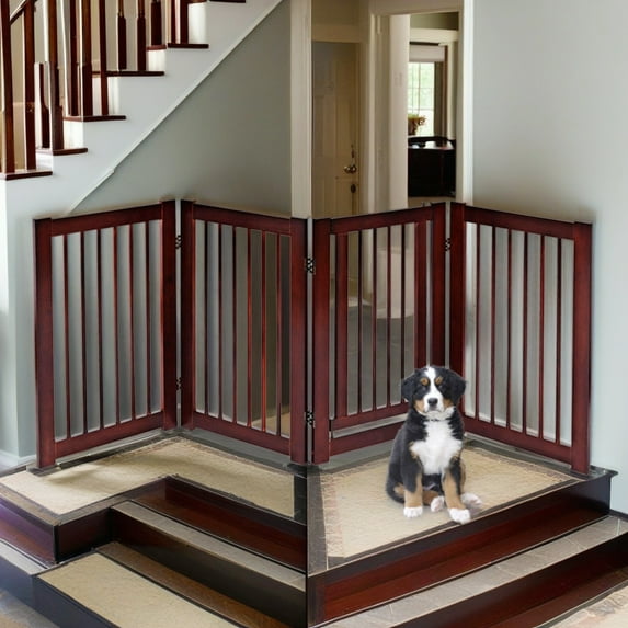 Demi Bonn 30"H 4 Panel Wood Folding Fence Freestanding Pet Gate, Stairs Step Over Divider for Dogs and Puppies, Brown