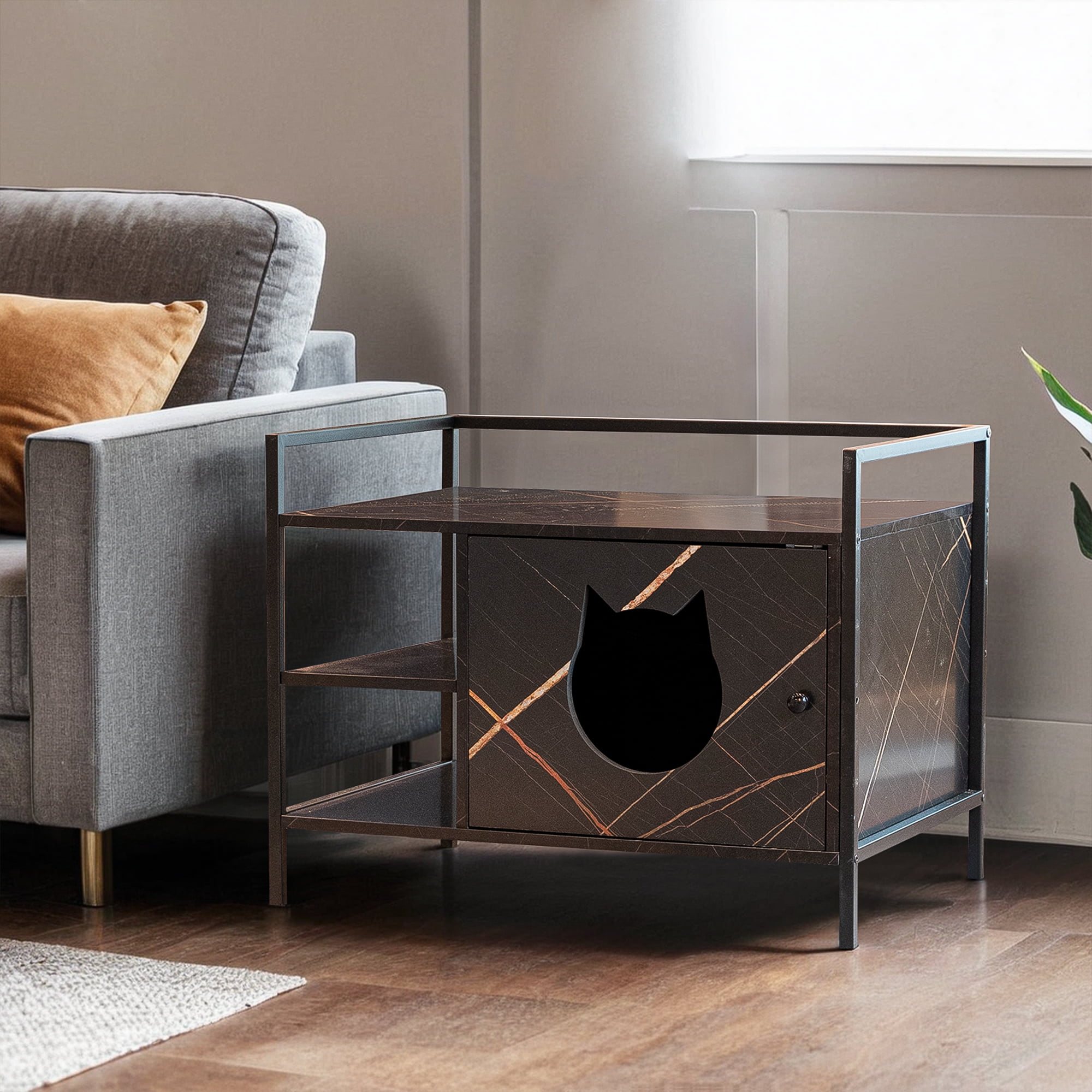 Kadyn 30" Hidden Cat Litter Box Enclosed Furniture, Indoor Wood Cat House with Iron Sturdy Structure, Black