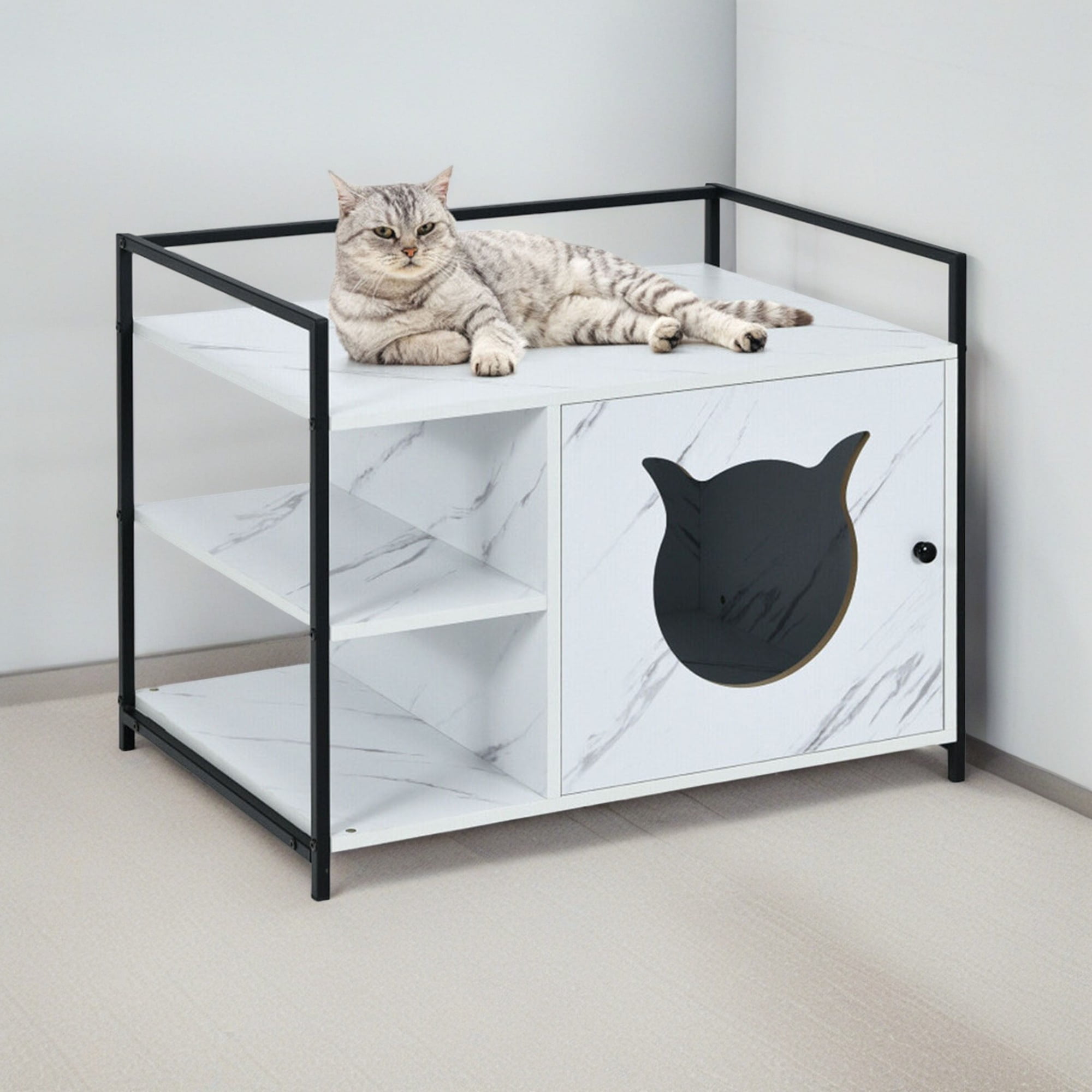 Kadyn 30" Hidden Cat Litter Box Enclosed Furniture, Indoor Wood Cat House with Iron Sturdy Structure, White