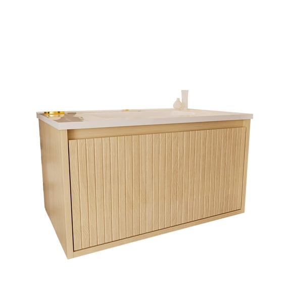 Demi Bonn 30 Inch Bathroom Vanity Cabinet with Ceramic Sink - Natural wood wall - mounted, floating fluted, drawers, rustic touch.