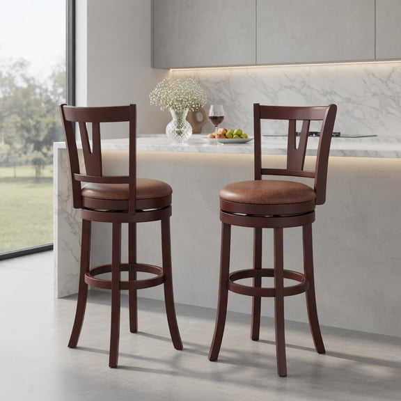 Demi Bonn 30 Inch Counter Height Swivel Barstools Set of 2, High Backs with Footrest, Solid Wood Frame Barstools, Brown
