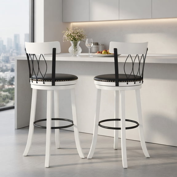 Demi Bonn 30 Inch Swivel Bar Stools Set of 2, Rubber Wood Frame Tufted Rivets with Footrest, Upholstered Barstools, Black