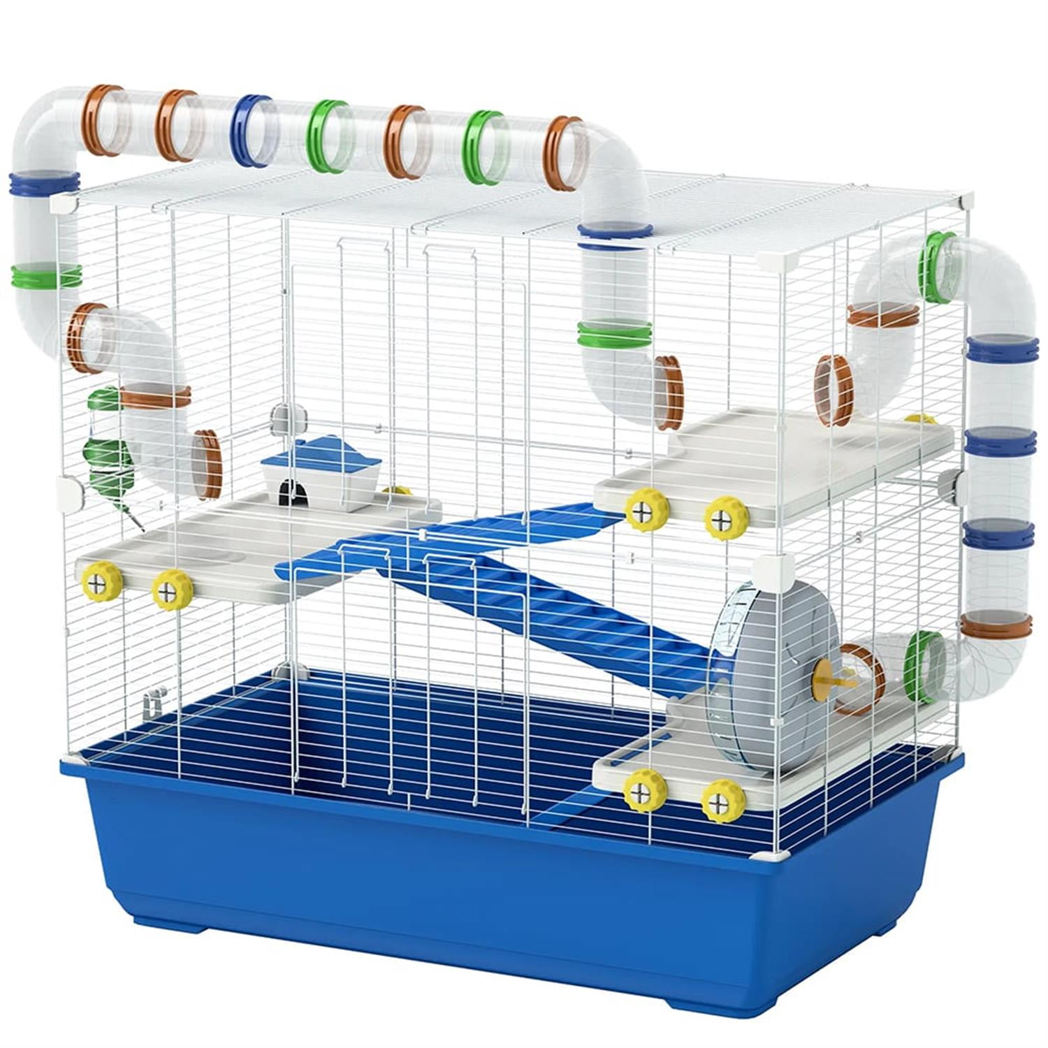 resenkos 30" Large Hamster Cage, Gerbil Cage with Tubes and Tunnels for Syrian Gerbil, 4 Tiers Small Animal Habitats Exercise Wheel, Water Bottle, Blue