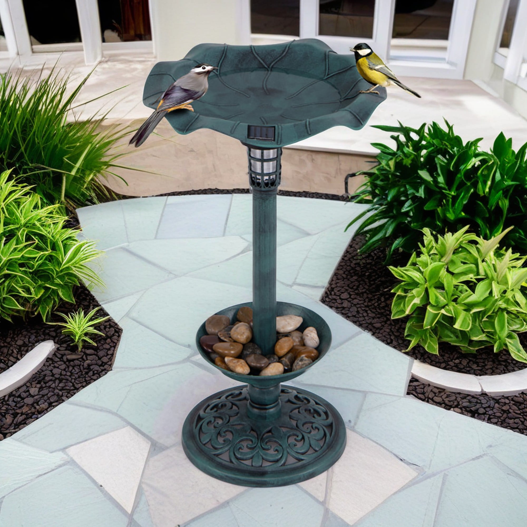 Kadyn 30" Outdoor Garden Bird Bath with Solar Light, Weather Resistant Pedestal, Backyard Bird Feeder and Flower Planter, Green