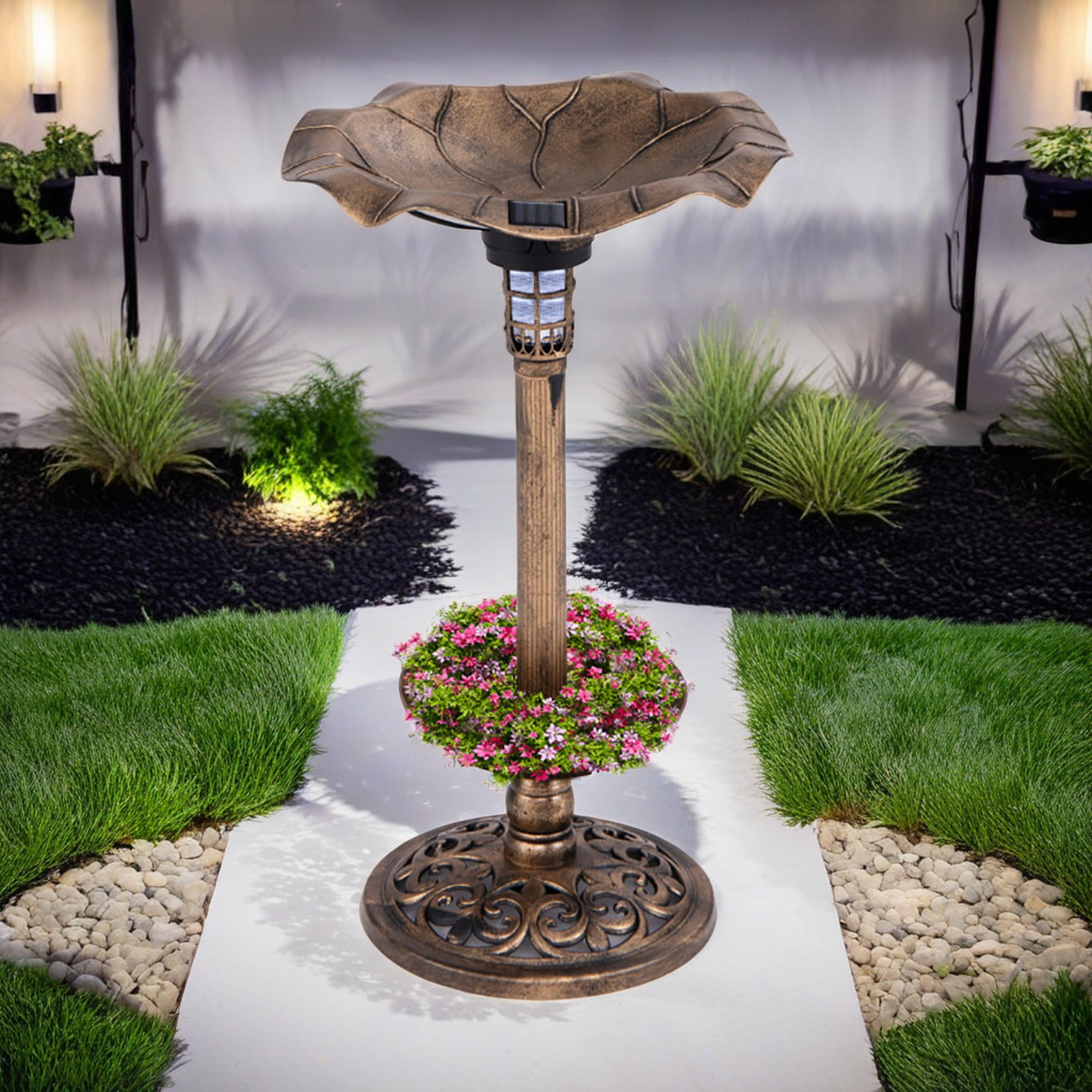 resenkos 30" Outdoor Pedestal Garden Bird Bath with Solar Light, Bird Feeder and Flower Planter, Standing Lotus Leaf Bowl Birdbath, Brown
