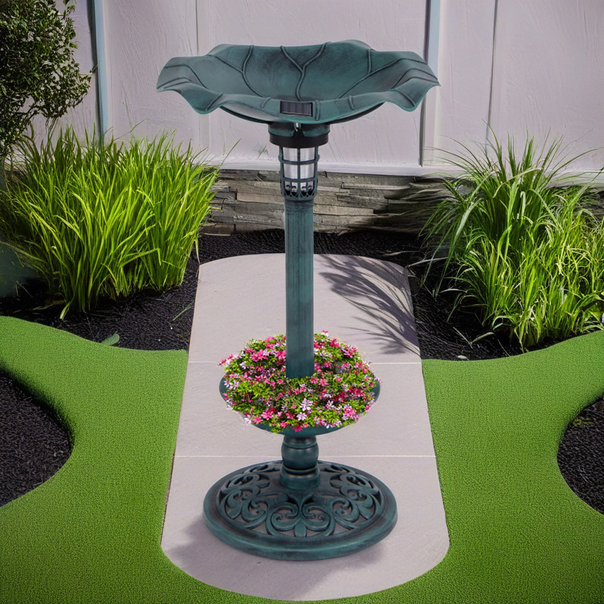 Kadyn 30" Outdoor Pedestal Garden Bird Bath with Solar Light, Bird Feeder and Flower Planter, Standing Lotus Leaf Bowl Birdbath, Green