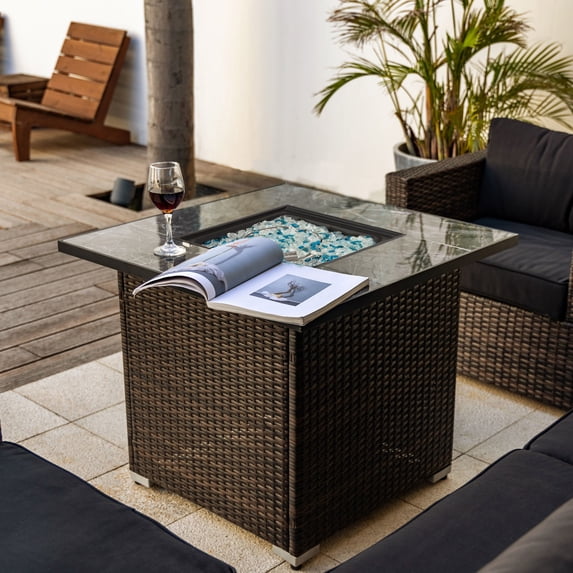 Demi Bonn 30" Outdoor Propane Gas Fire Pits Table with Lid, Glass Rocks and Rain Cover for Garden, Patio, Poolside, Black