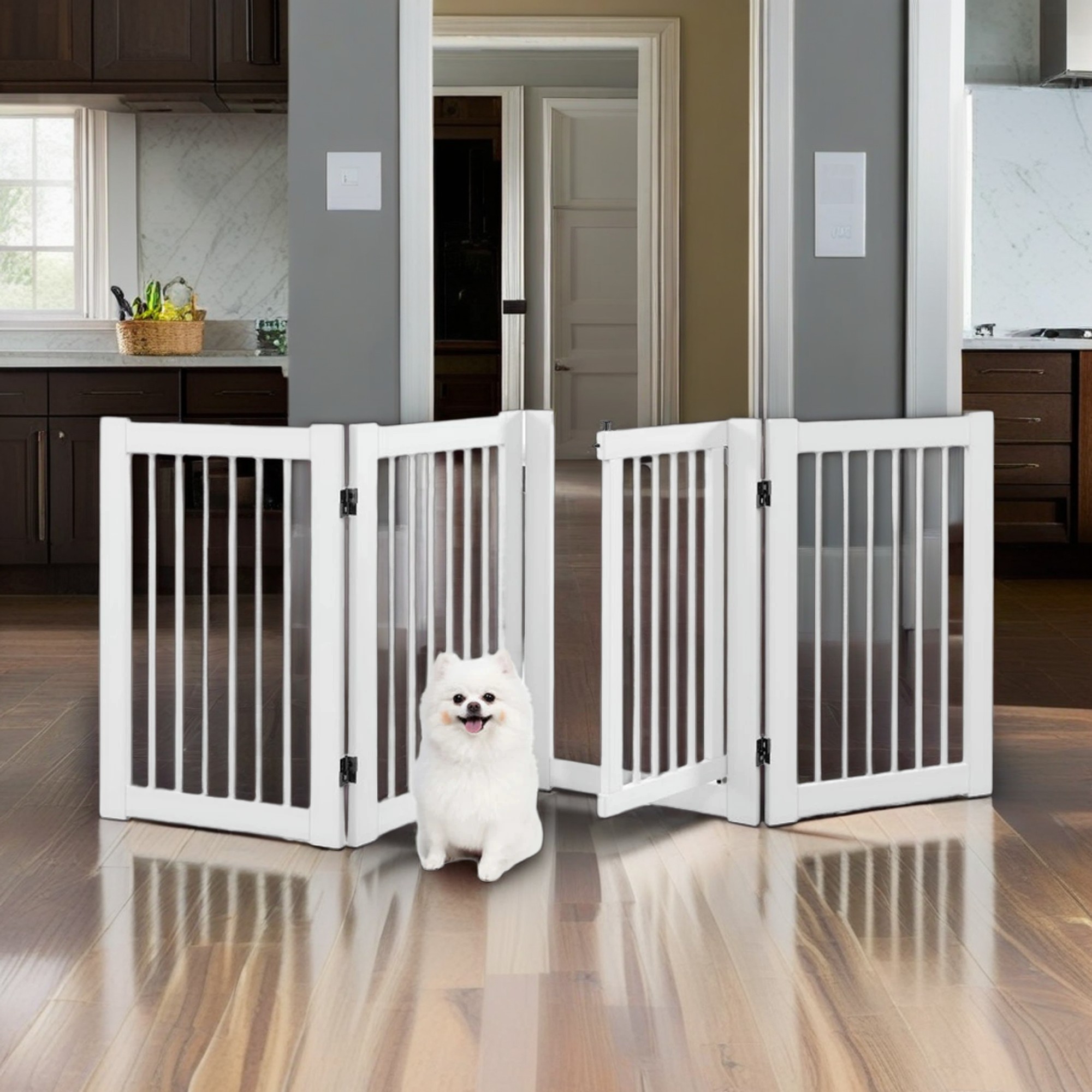Demi Bonn 30" Tall 4-Panel Freestanding Pet Gate for Stairs, Folding Wood Dog Fence, White