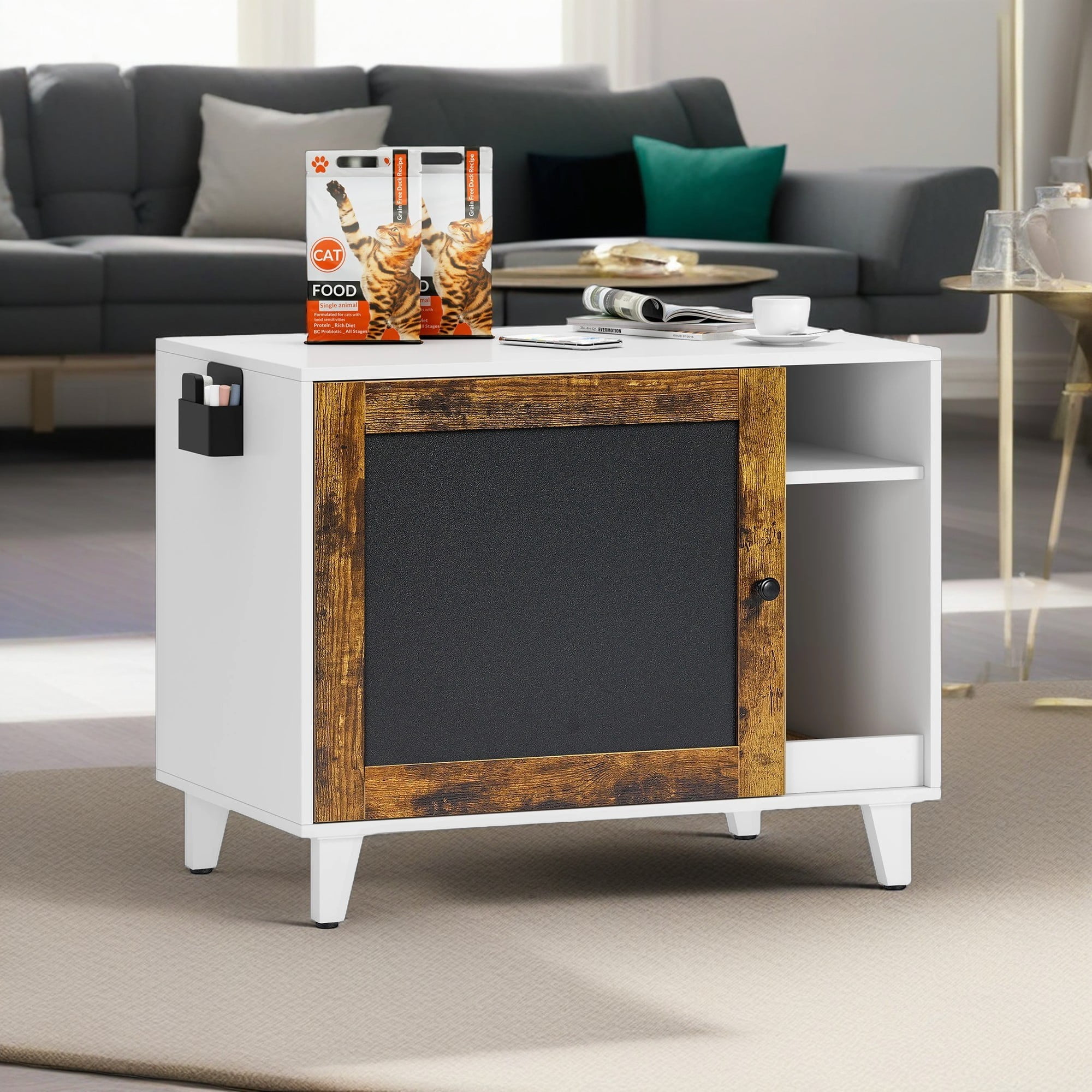 resenkos 30" Wooden Cat Litter Box Enclosure Furniture with Cat Scratching, Large Hidden Litter Box Cat House, White