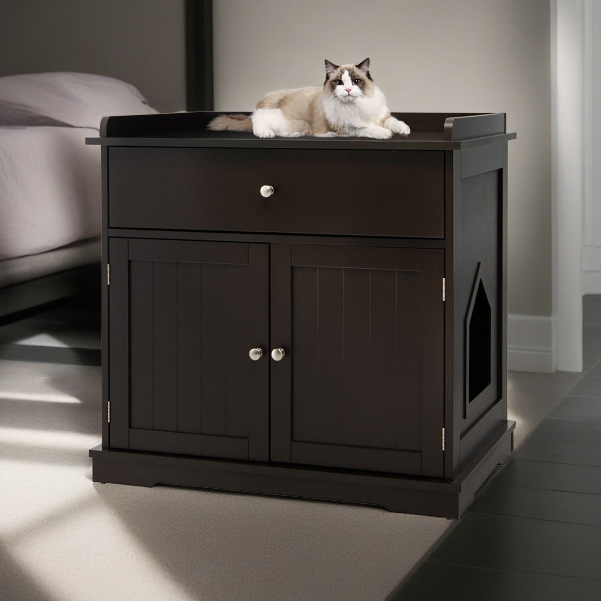 resenkos 30" Wooden Cat Litter Box Enclosure Furniture with Drawer, Hidden Cat Washroom Indoor Cat House Pet Crate, Brown