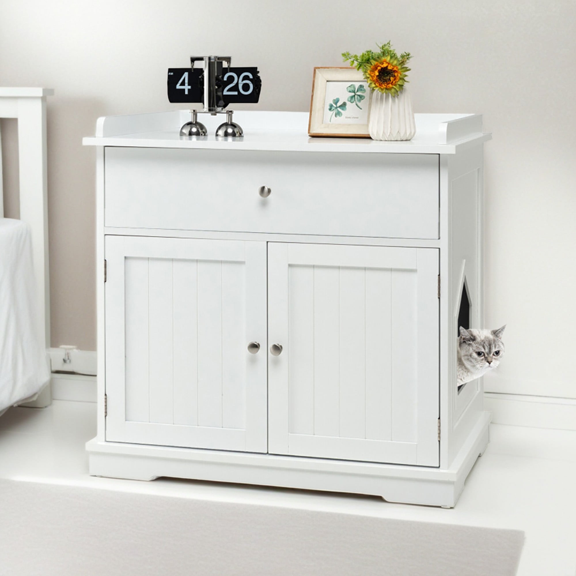 Kadyn 30" Wooden Cat Litter Box Enclosure Furniture with Drawer, Hidden Cat Washroom Indoor Cat House Pet Crate, White