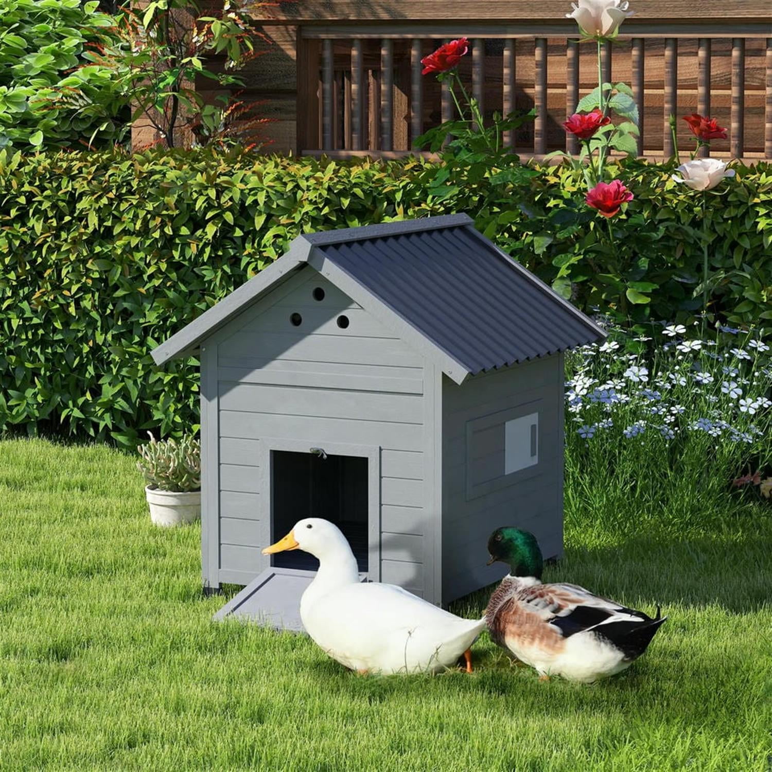 Demi Bonn 30" Wooden Duck House with Openable Roof & Double Doors, Outdoor Chicken Coop, Large Rabbit Hutch, Gray