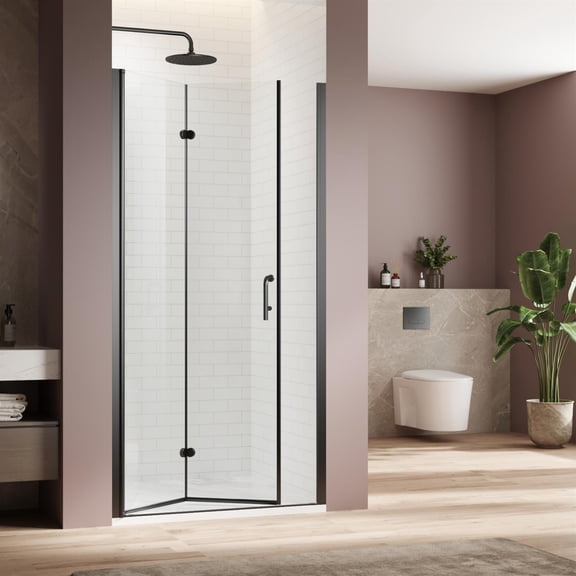 Demi Bonn 30 in.W x 72 in.H Bifold Swing Shower Door - Adjustable frameless, 1/4" SGCC & ANSI tempered glass, magnetic closure, waterproof, matte black hardware.