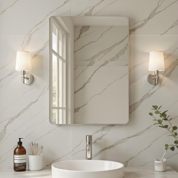 Demi Bonn 30x22 Inch Rounded Corner Wall Mirror, Brushed Silver Frame, Anti-Desilvering, Unbreakable Tempered Glass, True Reflection, Durable Frame