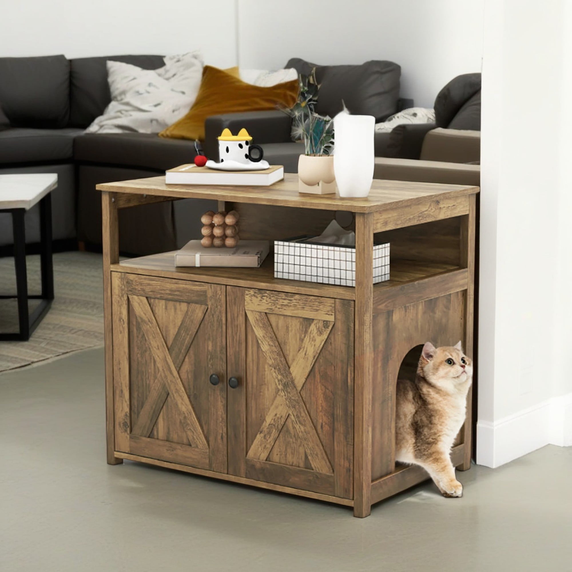 Kadyn 31.5" Cat Litter Box Enclosure, Hidden Cat Litter Box Furniture with Double Barn Doors Divider, Hidden Cat House Washroom with Storage Shelf, Brown