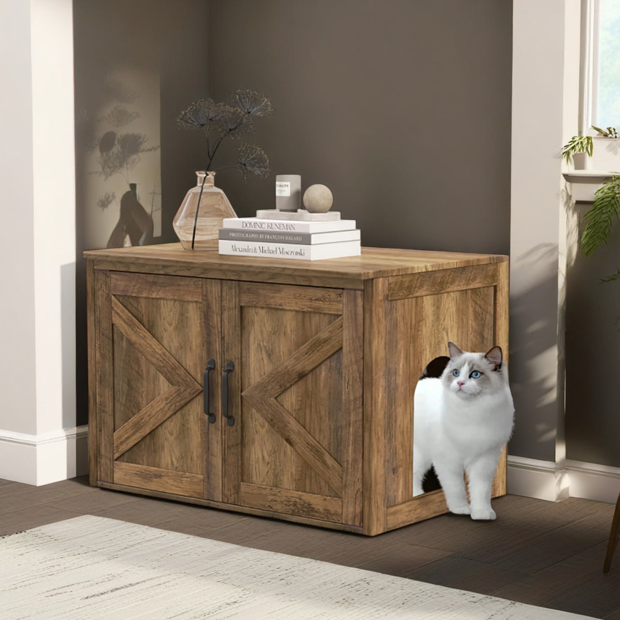 Kadyn 31.5" Cat Litter Box Enclosure, Hidden Cat Litter Box Furniture with Double Barn Doors, Hidden Cat Washroom with Removable Divider, Cat House, Brown