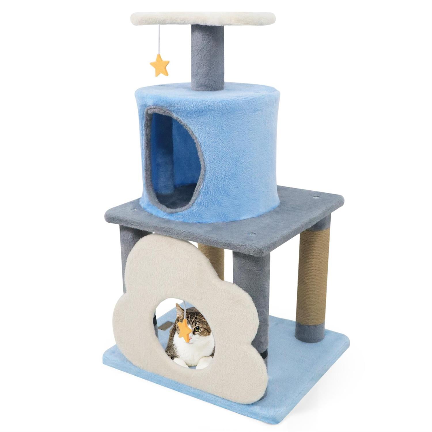 Pefilos 31.5" Cute Modern Cat Tree, Multi-Level Kitten Tower, Moon-shaped Perch & Cloud Cave, Black