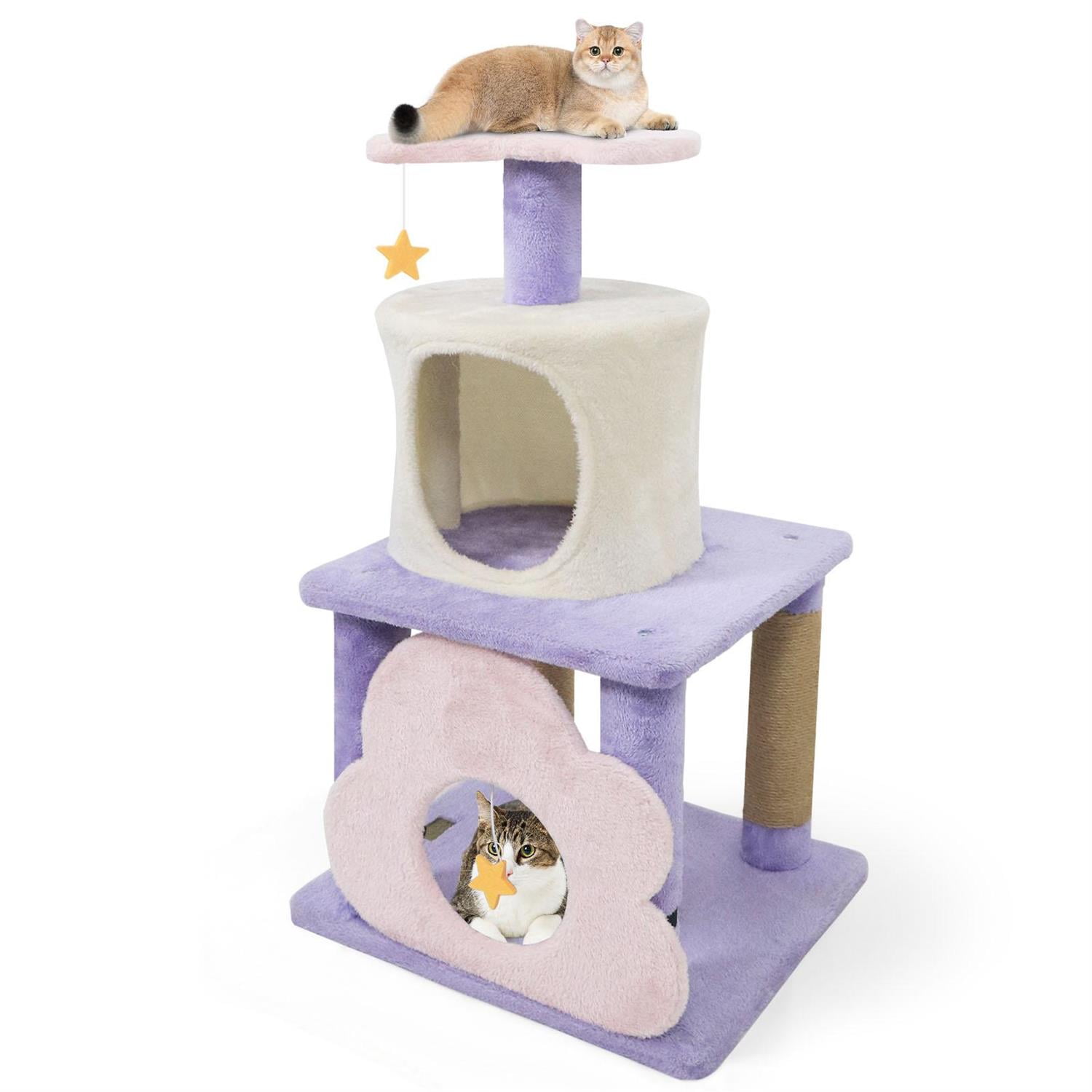 Demi Bonn 31.5" Cute Modern Cat Tree, Multi-Level Kitten Tower, Moon-shaped Perch & Cloud Cave, Purple