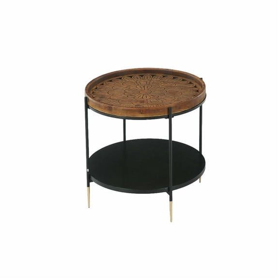 Demi Bonn 31.5" Round Boho Solid Wood Coffee Table - Carved Floral Pattern, Metal Storage Frame, for Small Space/Apartment, Rustic Brown & Black