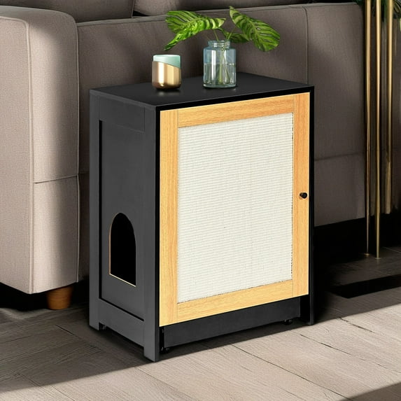 Demi Bonn 31" Cat Litter Box Enclosure, Cat Litter House with Sisal Doors, Spacious Hidden Cat Washroom for Most of Litter Box, Cat Furniture Cabinet, Black