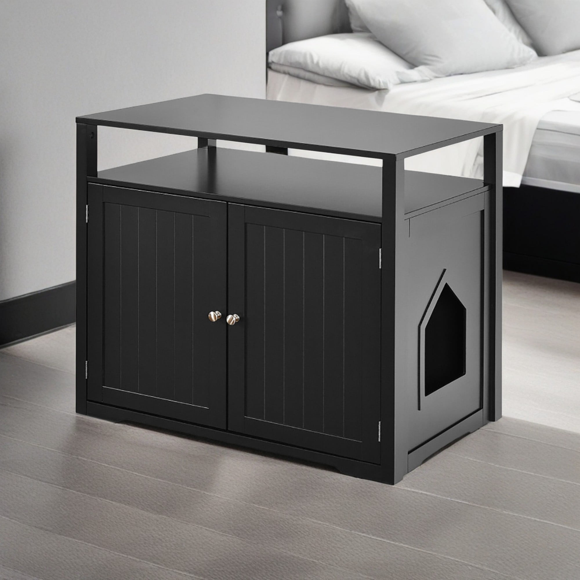 Kadyn 31" Cat Litter Box Enclosure Furniture, Cat Litter Box Cabinet Hidden with Storage Shelf, Cat House with Doors and Divider, Black